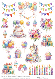 MATOWE grafiki arkusz A4 123A urodziny jednorożec POP up BOX grafiki do wycinania  (1)