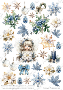 SATYNOWY arkusz A4 470 jednostronny zimowy aniołek świąteczne scrapowanie 2025