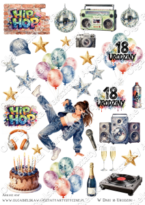 SATYNOWE grafiki arkusz A4 834 URODZINY 18 HIP HOP taniec grafiki do wycinania