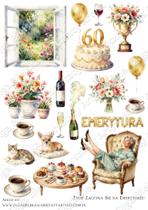SATYNOWE grafiki arkusz A4 837 URODZINY 60 emerytura kobieta grafiki do wycinania