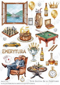 SATYNOWE grafiki arkusz A4 838 URODZINY 65 emerytura mężczyzna grafiki do wycinania
