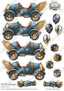 SATYNOWE grafiki arkusz A4 1149 SCRAP Zabawy kartka 3D samochodzik urodzinowa grafiki do wycinania