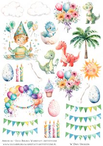 SATYNOWE grafiki arkusz A4 123B urodziny chłopiec POP up BOX grafiki do wycinania