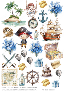 SATYNOWE grafiki arkusz 190 mali PIRACI urodziny A4 grafiki do wycinania