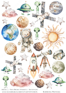 SATYNOWE grafiki arkusz 191 astronauta kosmos urodziny A4 grafiki do wycinania