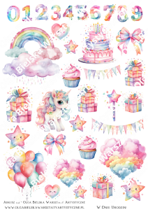 SATYNOWE grafiki arkusz 192 małe kucyki urodziny A4 grafiki do wycinania